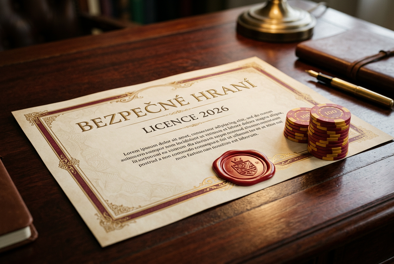 Detailní infographic stylizovaný jako certifikát s textem v češtině potvrzující bezpečnost a licenci